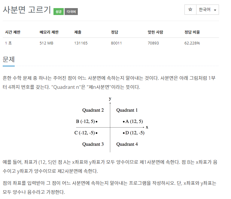 [C언어/C++] 14681: 사분면 고르기